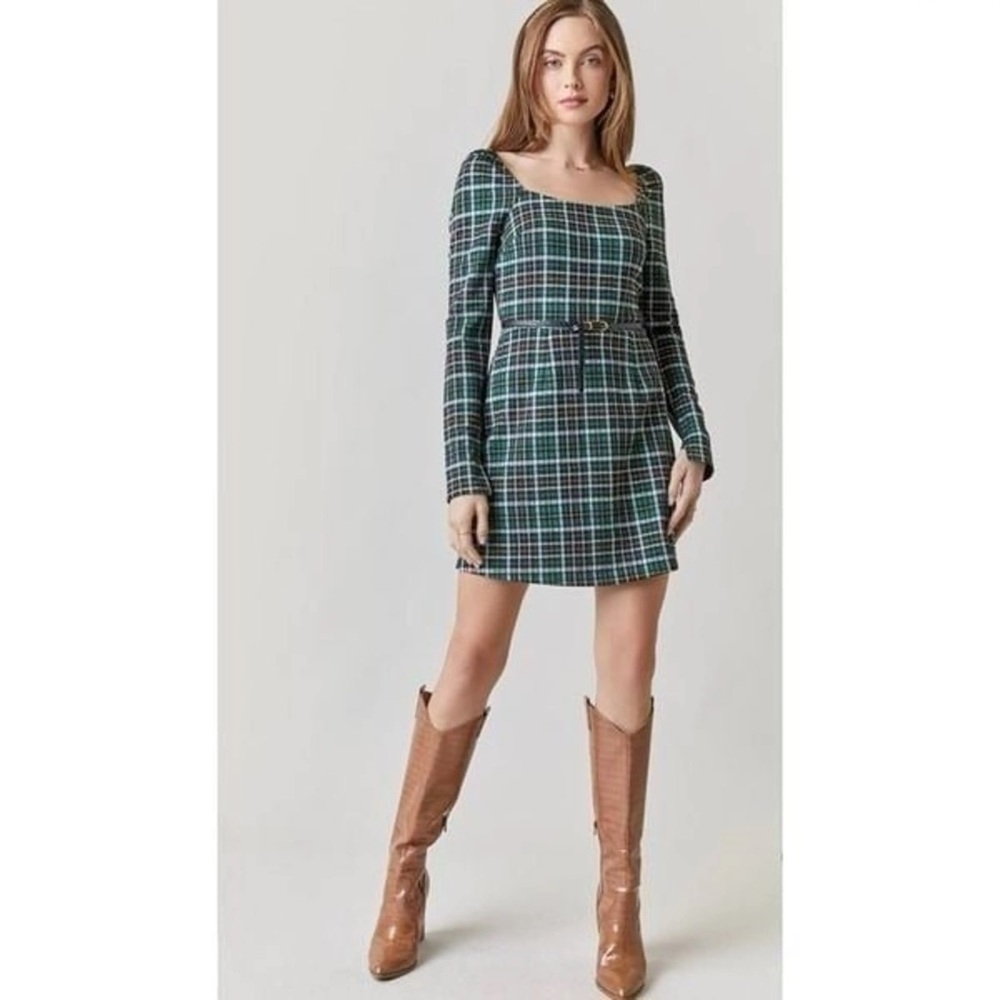 NWOT Mi Ami for Francesca’s Green/Navy Plaid Long-Sleeved Mini Dress, Size XL